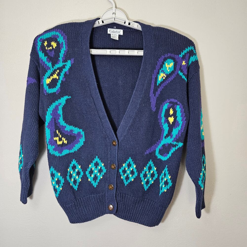 Vintage Gallagher Knit Cardigan L Navy Abstract 90s GrandmaCore CottageCore Cozy